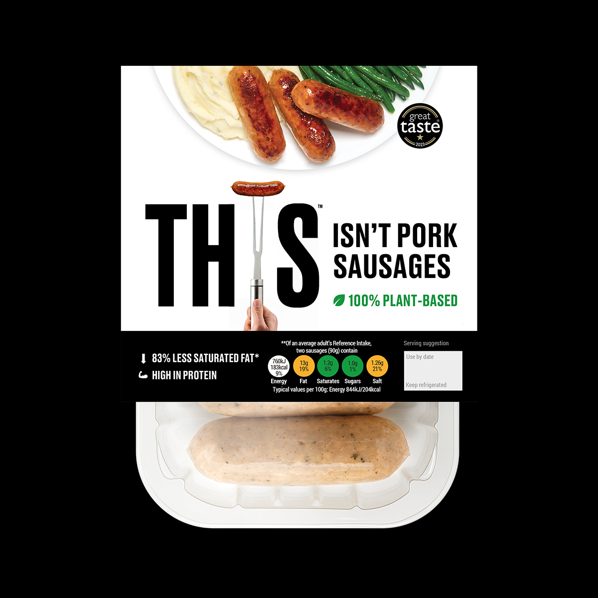 Plant-based & vegan alternative to pork sausages from THIS with nutritional information.