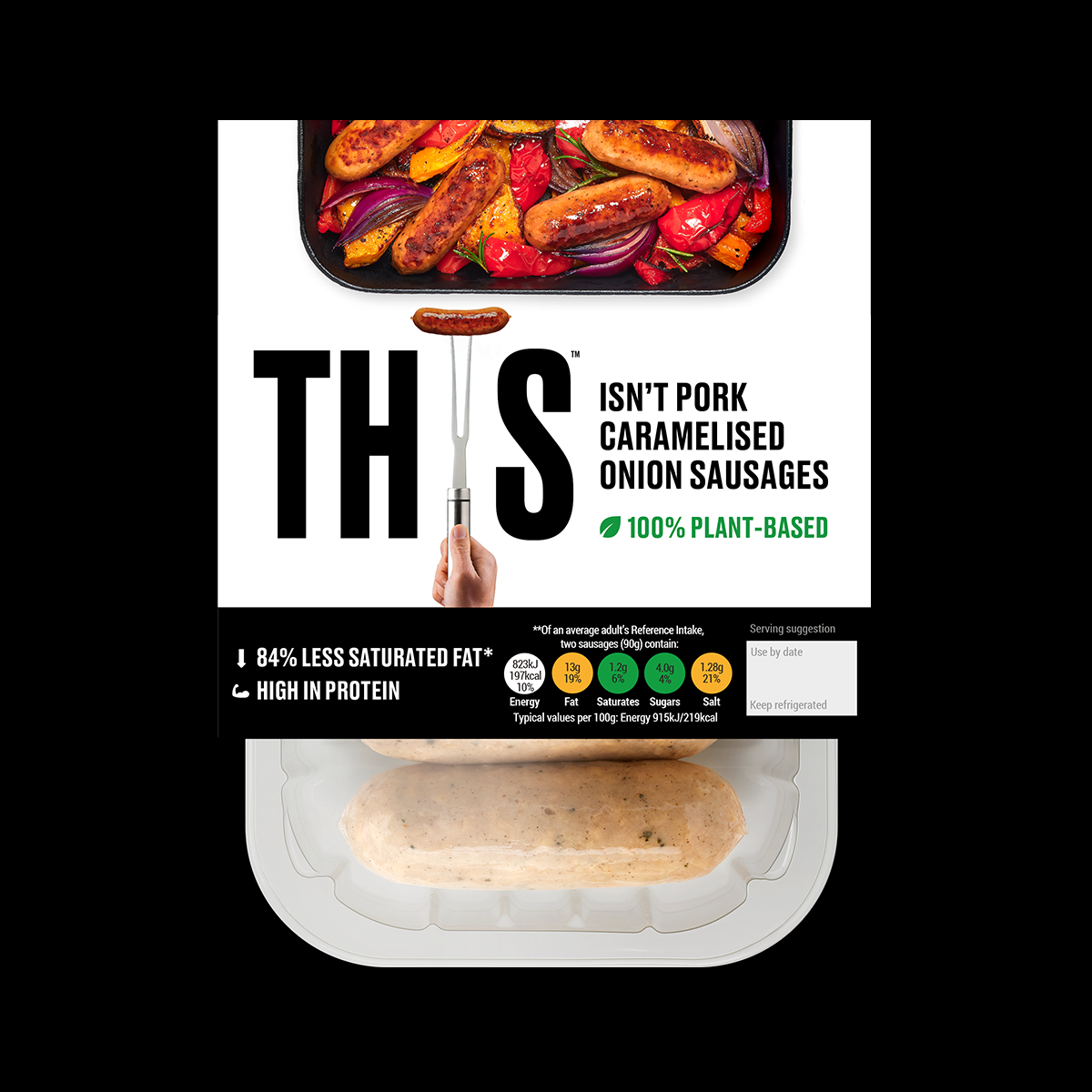 Plant-based & vegan alternative to pork caramelised onion sausages from THIS with nutritional information.