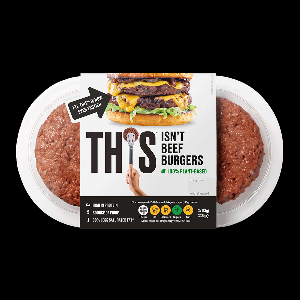 Plant-based & vegan alternative to beef burgers from THIS with nutritional information.