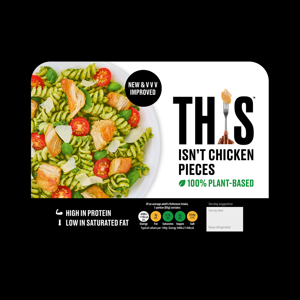 Plant-based & vegan alternative to chicken pieces from THIS with nutritional information.